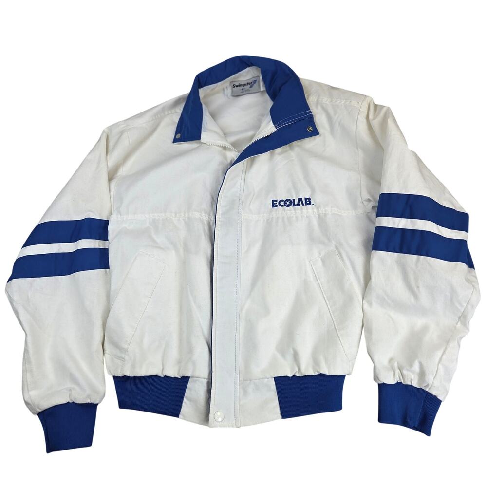 Vintage Swingster Ecolab USA Cotton Bomber Jacket Small White Blue Full Zip